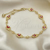 Oro Laminado Fancy Anklet, Gold Filled Style Hand of God and Heart Design, Red Enamel Finish, Golden Finish, 03.213.0146.1.10