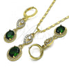 Oro Laminado Earring and Pendant Adult Set, Gold Filled Style Teardrop Design, with Green and White Cubic Zirconia, Polished, Golden Finish, 10.196.0082