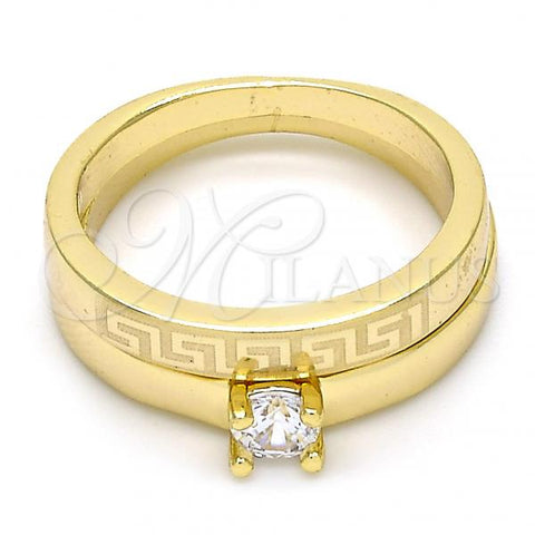 Oro Laminado Wedding Ring, Gold Filled Style Greek Key and Duo Design, with White Cubic Zirconia, Polished, Golden Finish, 01.99.0045.08 (Size 8)