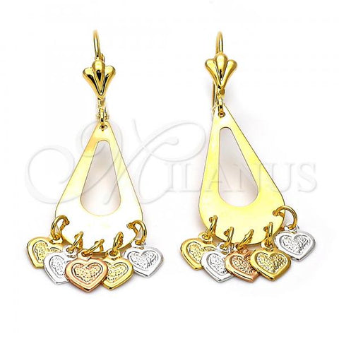Oro Laminado Chandelier Earring, Gold Filled Style Heart and Teardrop Design, Diamond Cutting Finish, Tricolor, 02.32.0196