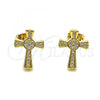Oro Laminado Stud Earring, Gold Filled Style Cross Design, with White Micro Pave, Polished, Golden Finish, 02.342.0252