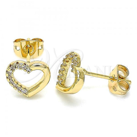 Oro Laminado Stud Earring, Gold Filled Style Heart Design, with White Micro Pave, Polished, Golden Finish, 02.342.0096