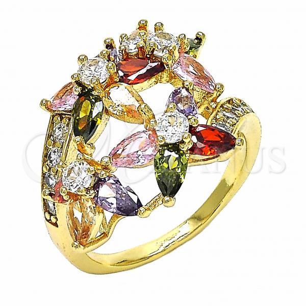 Oro Laminado Multi Stone Ring, Gold Filled Style Flower Design, with Multicolor Cubic Zirconia, Polished, Golden Finish, 01.283.0015.1.08 (Size 8)