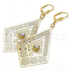 Oro Laminado Dangle Earring, Gold Filled Style Flower Design, with White Crystal, Polished, Golden Finish, 60.004