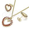 Oro Laminado Earring and Pendant Adult Set, Gold Filled Style Heart Design, with Garnet Cubic Zirconia, Polished, Golden Finish, 10.284.0009.1