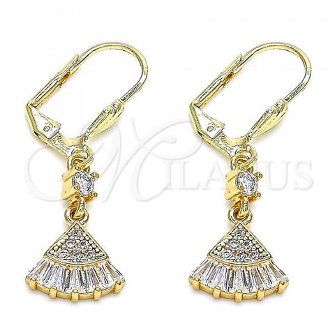 Oro Laminado Long Earring, Gold Filled Style with White Cubic Zirconia and White Micro Pave, Polished, Golden Finish, 02.213.0316