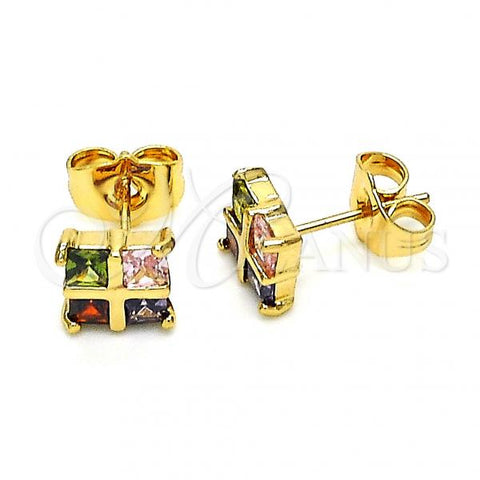 Oro Laminado Stud Earring, Gold Filled Style with Multicolor Cubic Zirconia, Polished, Golden Finish, 02.387.0097.1