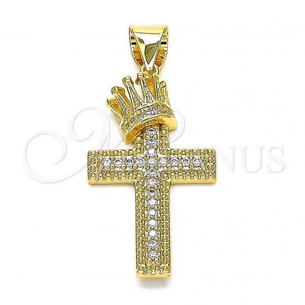 Oro Laminado Fancy Pendant, Gold Filled Style Cross and Crown Design, with White Micro Pave, Polished, Golden Finish, 05.342.0002