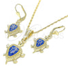 Oro Laminado Earring and Pendant Adult Set, Gold Filled Style Turtle Design, Blue Enamel Finish, Golden Finish, 10.351.0005.2
