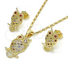 Oro Laminado Earring and Pendant Adult Set, Gold Filled Style Owl Design, with Multicolor Cubic Zirconia, Polished, Golden Finish, 10.316.0021.1