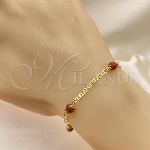 Oro Laminado Fancy Bracelet, Gold Filled Style Ball and Mariner Design, with Brown Cubic Zirconia, Polished, Golden Finish, 03.32.0577.07