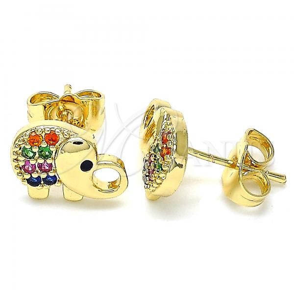 Oro Laminado Stud Earring, Gold Filled Style Elephant Design, with Multicolor Micro Pave, Polished, Golden Finish, 02.210.0411.1