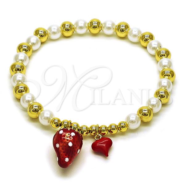 Oro Laminado Fancy Bracelet, Gold Filled Style Strawberry and Heart Design, with Ivory Pearl, Red Enamel Finish, Golden Finish, 03.417.0012.08
