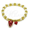 Oro Laminado Fancy Bracelet, Gold Filled Style Strawberry and Heart Design, with Ivory Pearl, Red Enamel Finish, Golden Finish, 03.417.0012.08