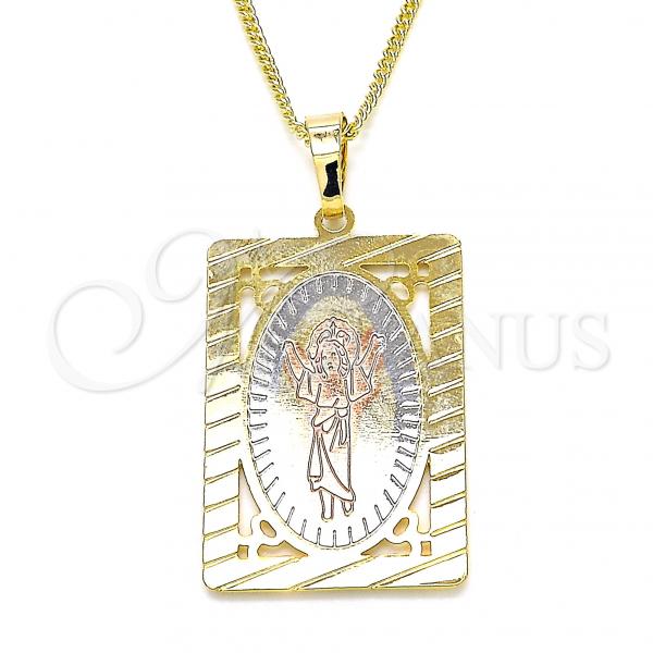 Oro Laminado Pendant Necklace, Gold Filled Style Divino Niño Design, Polished, Tricolor, 04.106.0056.20