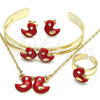 Oro Laminado Earring and Pendant Children Set, Gold Filled Style with White Crystal, Red Enamel Finish, Golden Finish, 06.65.0119