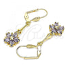 Oro Laminado Long Earring, Gold Filled Style Flower and Star Design, with Amethyst Cubic Zirconia, Polished, Golden Finish, 02.387.0051.3