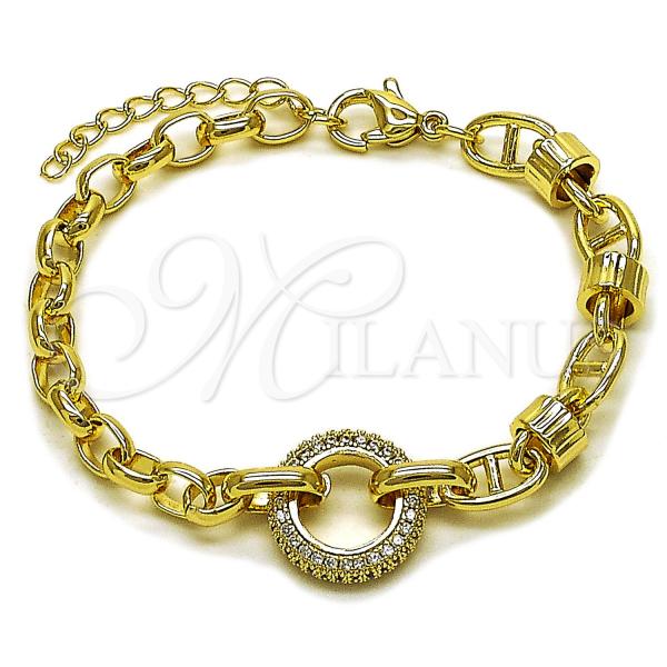 Oro Laminado Fancy Bracelet, Gold Filled Style Mariner and Puff Mariner Design, with White Micro Pave, Polished, Golden Finish, 03.213.0387.07