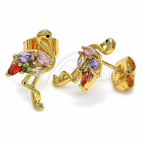 Oro Laminado Stud Earring, Gold Filled Style with Multicolor Cubic Zirconia, Polished, Golden Finish, 02.345.0020