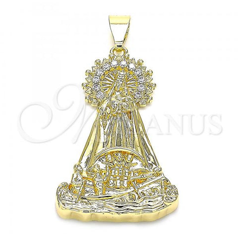 Oro Laminado Religious Pendant, Gold Filled Style Caridad del Cobre Design, with White Cubic Zirconia, Polished, Golden Finish, 05.253.0153