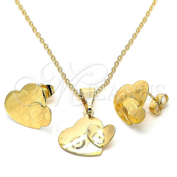 Oro Laminado Earring and Pendant Adult Set, Gold Filled Style Heart Design, Matte Finish, Golden Finish, 10.170.0008