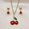 Oro Laminado Earring and Pendant Adult Set, Gold Filled Style Cherry and Paperclip Design, with Garnet Cubic Zirconia, Red Enamel Finish, Golden Finish, 10.417.0028