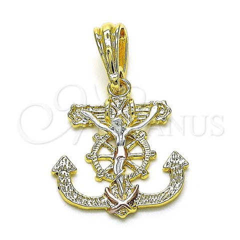 Oro Laminado Religious Pendant, Gold Filled Style Anchor and Jesus Design, Diamond Cutting Finish, Tricolor, 05.196.0004