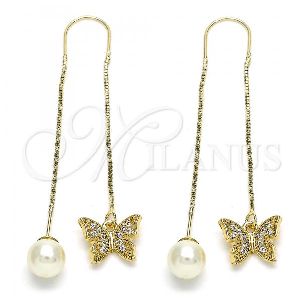 Oro Laminado Threader Earring, Gold Filled Style Butterfly Design, with White Micro Pave, Polished, Golden Finish, 02.210.0543