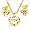 Oro Laminado Earring and Pendant Adult Set, Gold Filled Style Heart Design, with Garnet and White Micro Pave, Polished, Golden Finish, 10.156.0291.1
