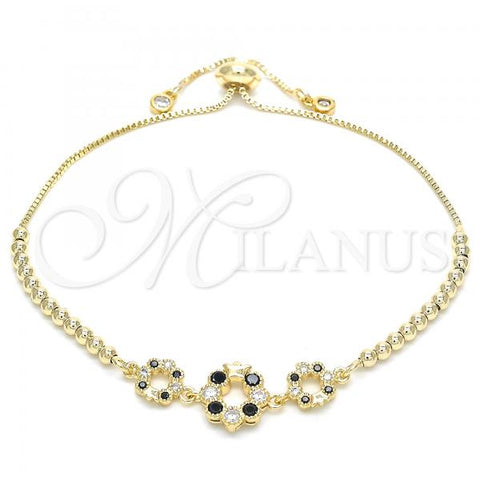 Oro Laminado Adjustable Bolo Bracelet, Gold Filled Style Flower and Crown Design, with Black and White Cubic Zirconia, Polished, Golden Finish, 03.233.0015.2.12