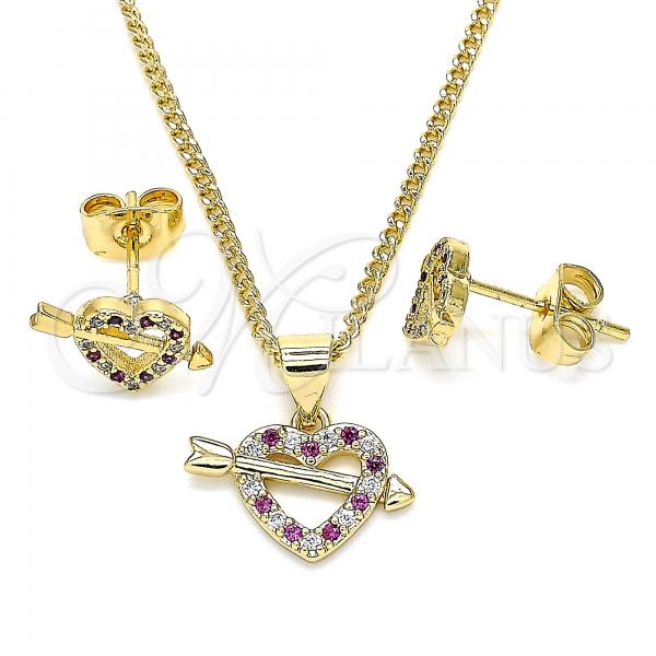 Oro Laminado Earring and Pendant Adult Set, Gold Filled Style Heart Design, with Ruby and White Micro Pave, Polished, Golden Finish, 10.344.0006.1