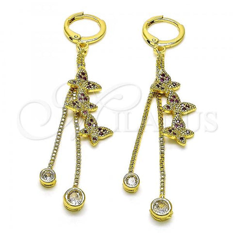 Oro Laminado Long Earring, Gold Filled Style Butterfly and Box Design, with Ruby Micro Pave and White Cubic Zirconia, Polished, Golden Finish, 02.316.0090