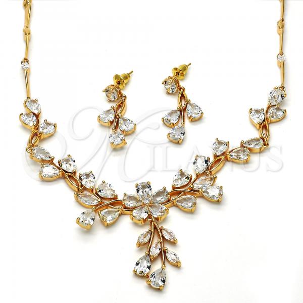 Oro Laminado Necklace and Earring, Gold Filled Style Flower and Leaf Design, with White Cubic Zirconia, Polished, Golden Finish, 06.205.0004