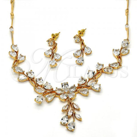 Oro Laminado Necklace and Earring, Gold Filled Style Flower and Leaf Design, with White Cubic Zirconia, Polished, Golden Finish, 06.205.0004