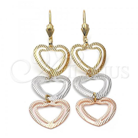Oro Laminado Long Earring, Gold Filled Style Heart Design, Diamond Cutting Finish, Tricolor, 5.118.014