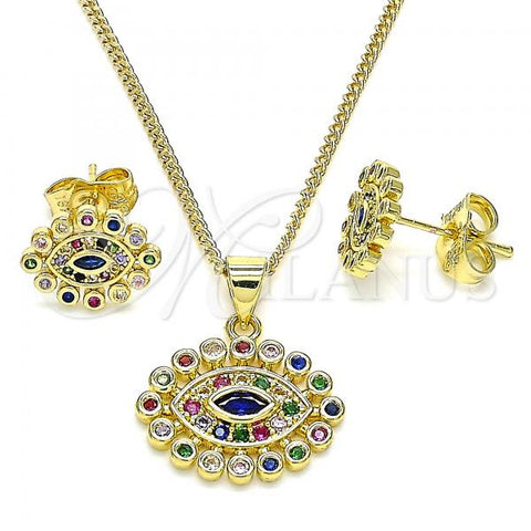 Oro Laminado Earring and Pendant Adult Set, Gold Filled Style Evil Eye Design, with Multicolor Micro Pave, Polished, Golden Finish, 10.156.0347.1