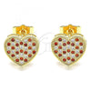 Oro Laminado Stud Earring, Gold Filled Style Heart Design, with Garnet and White Micro Pave, Polished, Golden Finish, 02.94.0080.1