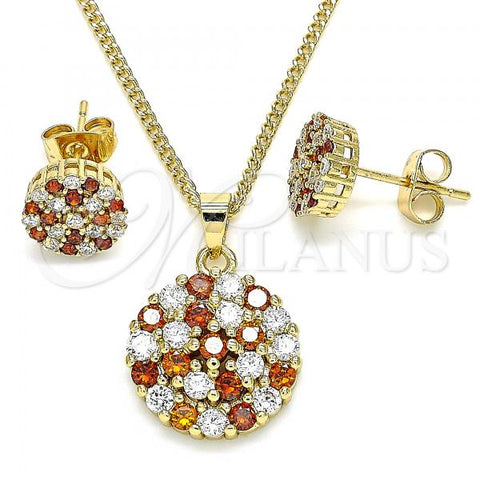 Oro Laminado Earring and Pendant Adult Set, Gold Filled Style with Garnet and White Micro Pave, Polished, Golden Finish, 10.344.0009.1