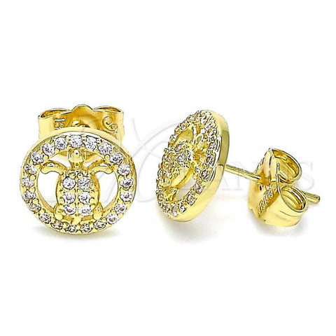 Oro Laminado Stud Earring, Gold Filled Style Turtle Design, with White Micro Pave, Polished, Golden Finish, 02.156.0550