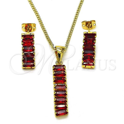 Oro Laminado Earring and Pendant Adult Set, Gold Filled Style Baguette Design, with Garnet Cubic Zirconia, Polished, Golden Finish, 10.342.0168