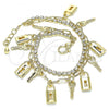 Oro Laminado Charm Bracelet, Gold Filled Style key and Lock Design, with White Crystal, Polished, Golden Finish, 03.372.0011.08