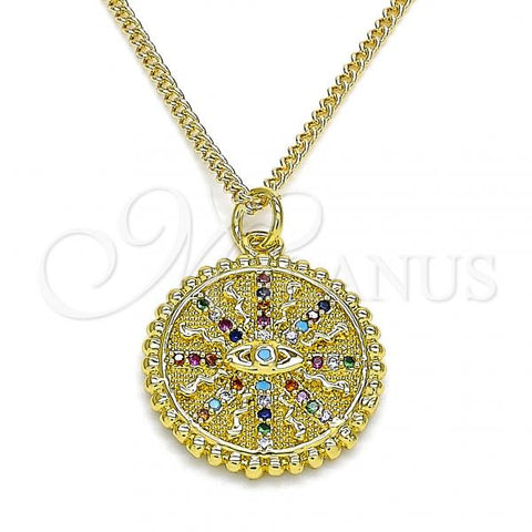 Oro Laminado Pendant Necklace, Gold Filled Style Evil Eye Design, with Multicolor Micro Pave, Polished, Golden Finish, 04.341.0064.20