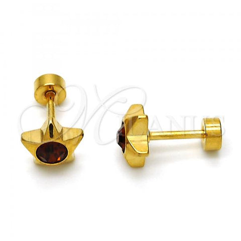 Stainless Steel Stud Earring, Star Design, with Brown Crystal, Polished, Golden Finish, 02.271.0016.6