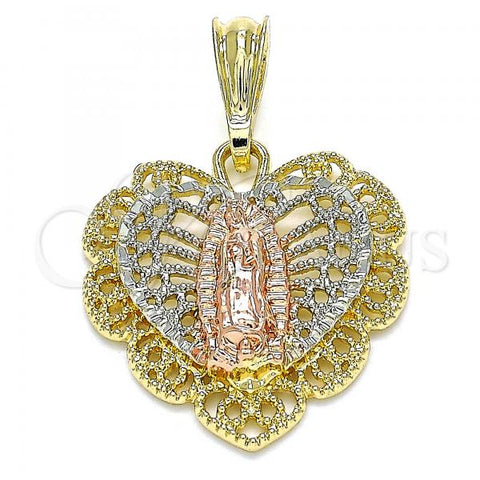 Oro Laminado Religious Pendant, Gold Filled Style Guadalupe and Heart Design, Polished, Tricolor, 05.380.0012