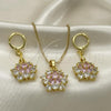 Oro Laminado Earring and Pendant Adult Set, Gold Filled Style Flower Design, with Pink and White Cubic Zirconia, Polished, Golden Finish, 10.387.0010