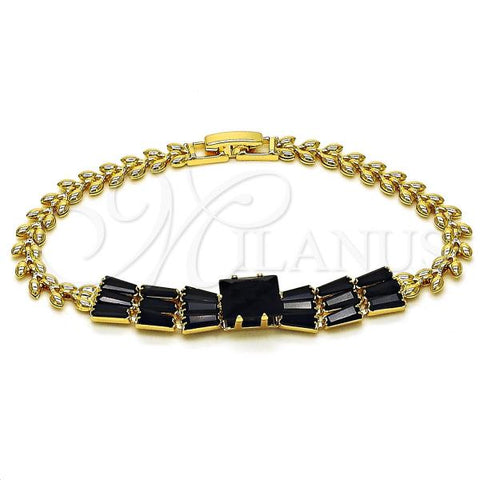 Oro Laminado Fancy Bracelet, Gold Filled Style Baguette and Leaf Design, with Black Cubic Zirconia, Polished, Golden Finish, 03.283.0305.1.07