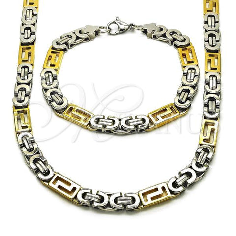 Stainless Steel Necklace and Bracelet, Greek Key Design, Polished, Two Tone, 06.116.0064.1