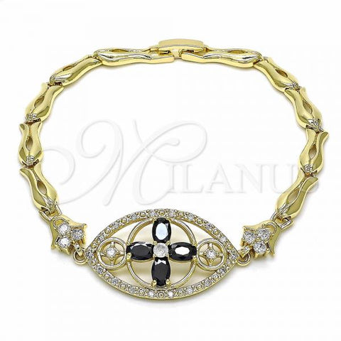 Oro Laminado Fancy Bracelet, Gold Filled Style Flower and Fish Design, with Black and White Cubic Zirconia, Polished, Golden Finish, 03.316.0073.08