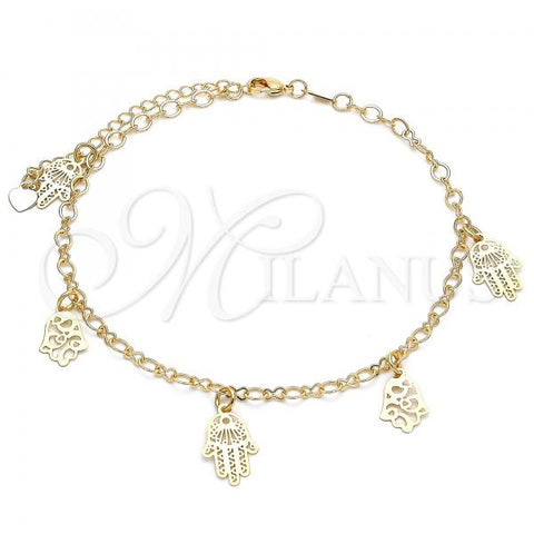 Oro Laminado Charm Anklet , Gold Filled Style Hand of God Design, Polished, Golden Finish, 03.63.2207.10