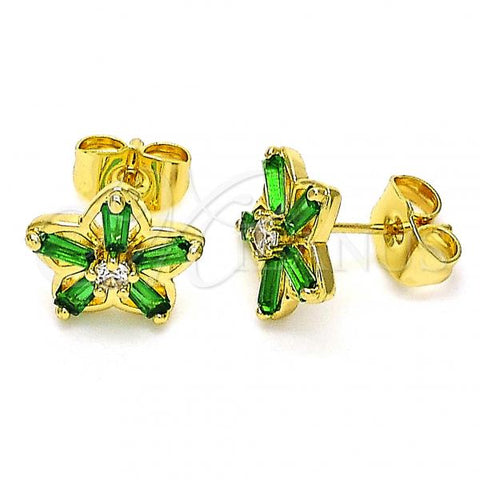Oro Laminado Stud Earring, Gold Filled Style Flower Design, with Green and White Cubic Zirconia, Polished, Golden Finish, 02.210.0250.3